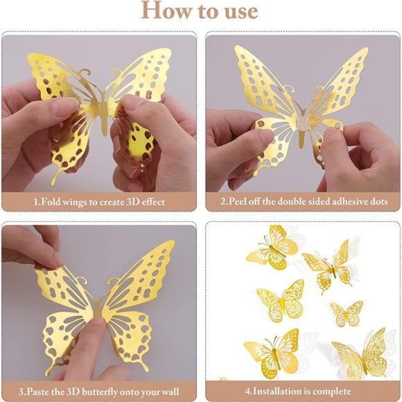 3D Butterfly Wall Decor 48 Pcs 4 Styles 3 Sizes, Gold Butterfly Decorations - Picture 5 of 6